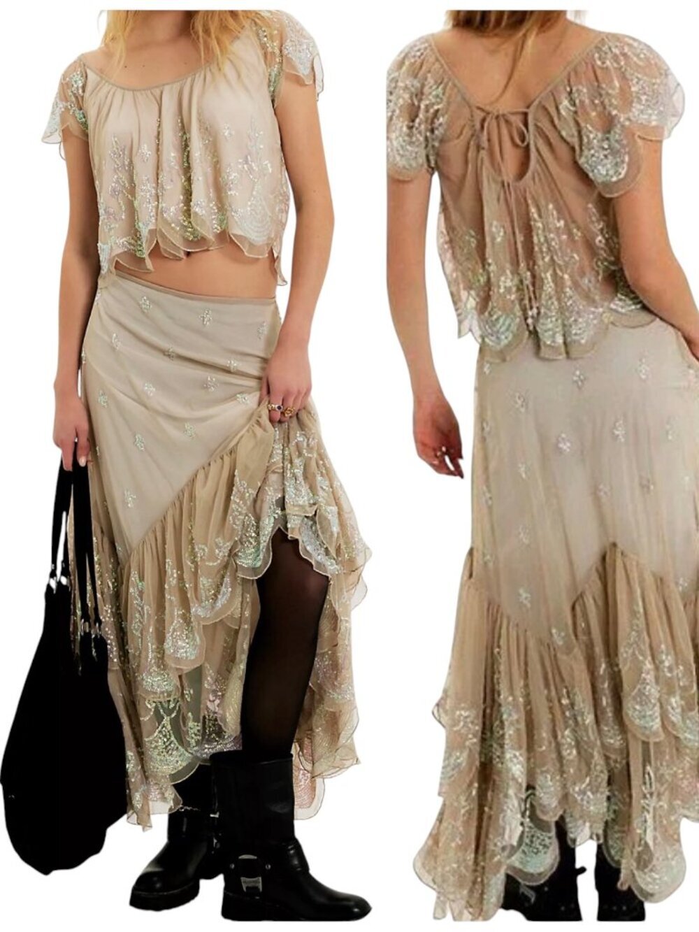 Free People Ciara Shimmer Sequin Sheer Midi Skirt Set L NWT